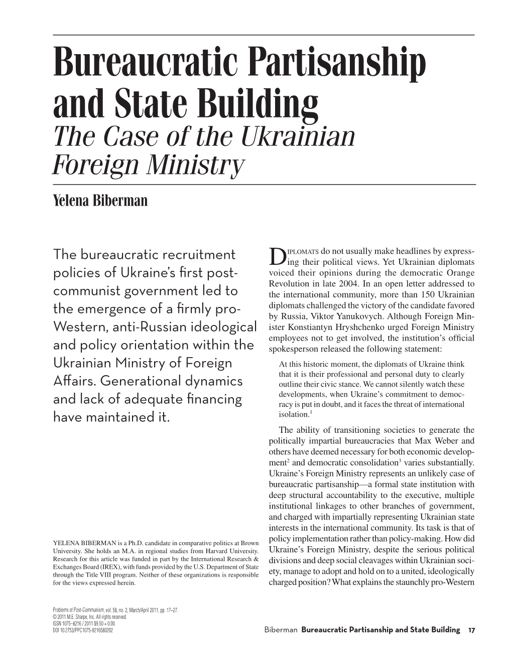 Bureaucratic Partisanship and State Building: the Case of Ukrainian