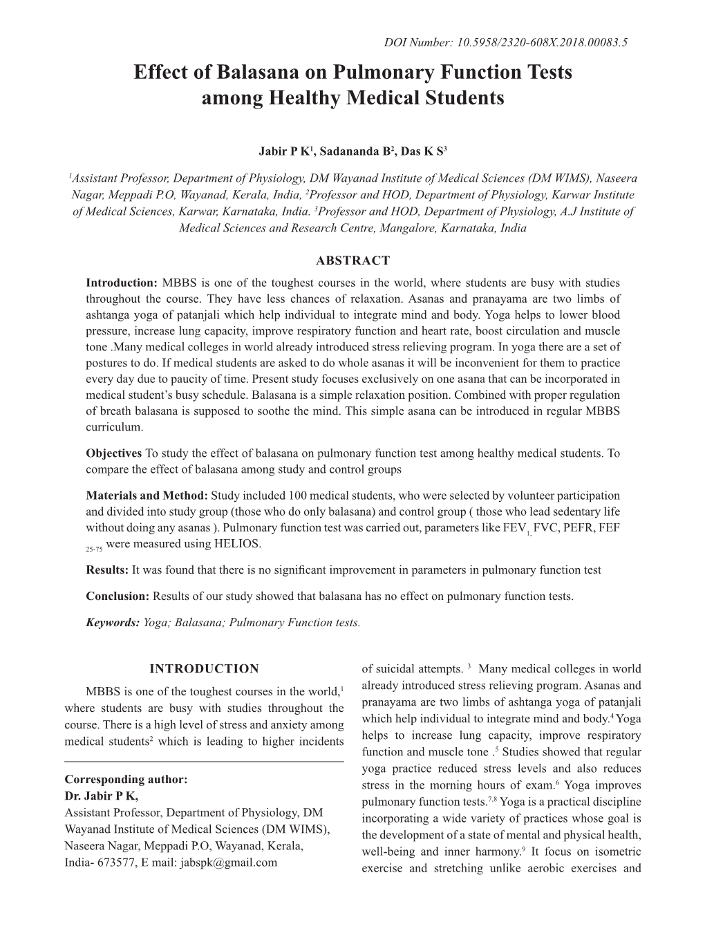 Effect of Balasana on Pulmonary Function Tests Among Healthy Medical Students