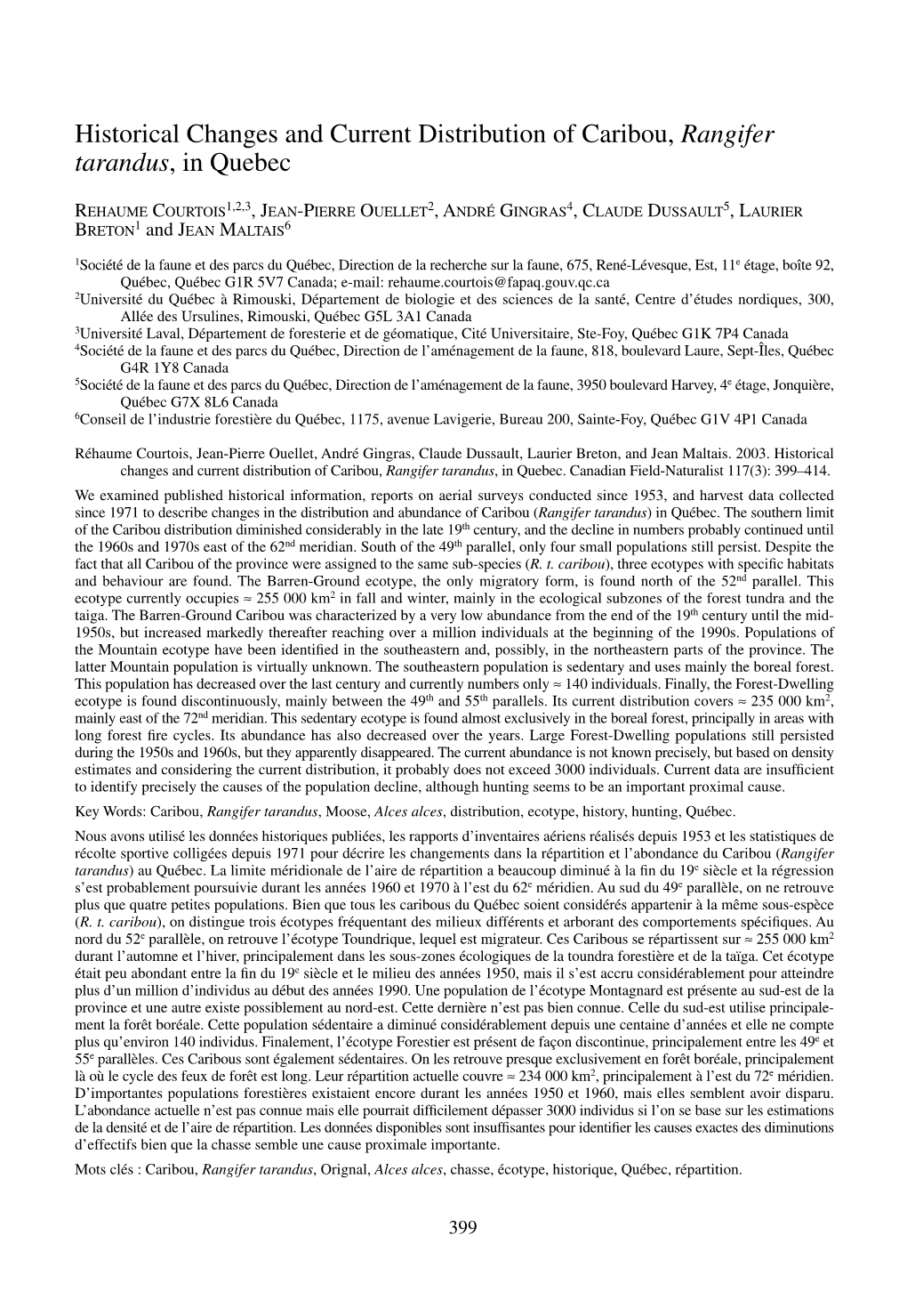 Historical Changes and Current Distribution of Caribou, Rangifer Tarandus, in Quebec