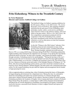 Fritz Eichenberg: Witness to the Twentieth Century by Terry Hammond Director and Curator, Guilford College Art Gallery