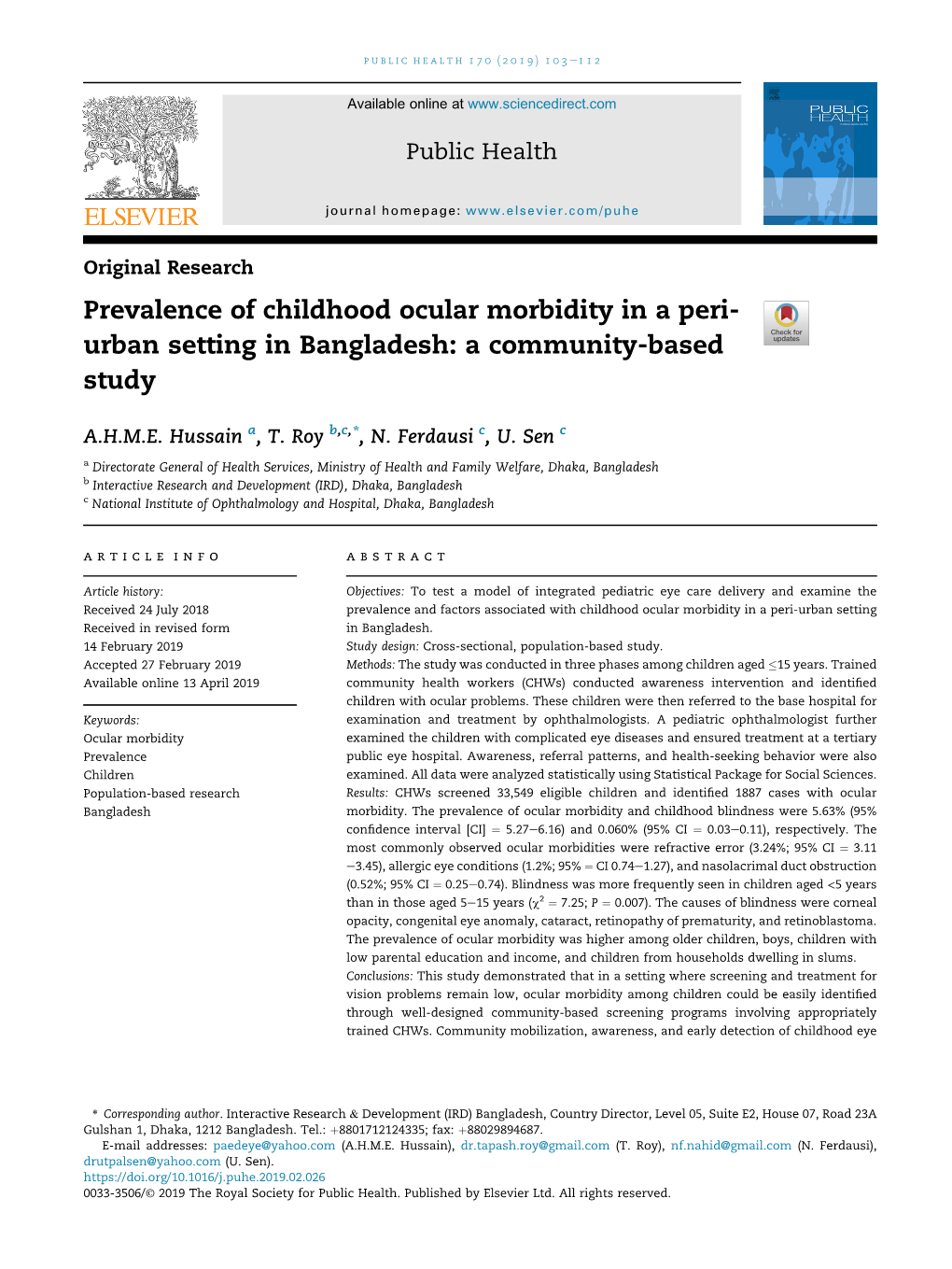 Prevalence of Childhood Ocular Morbidity in a Peri-Urban Setting In