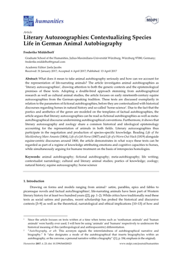 Literary Autozoographies: Contextualizing Species Life in German Animal Autobiography