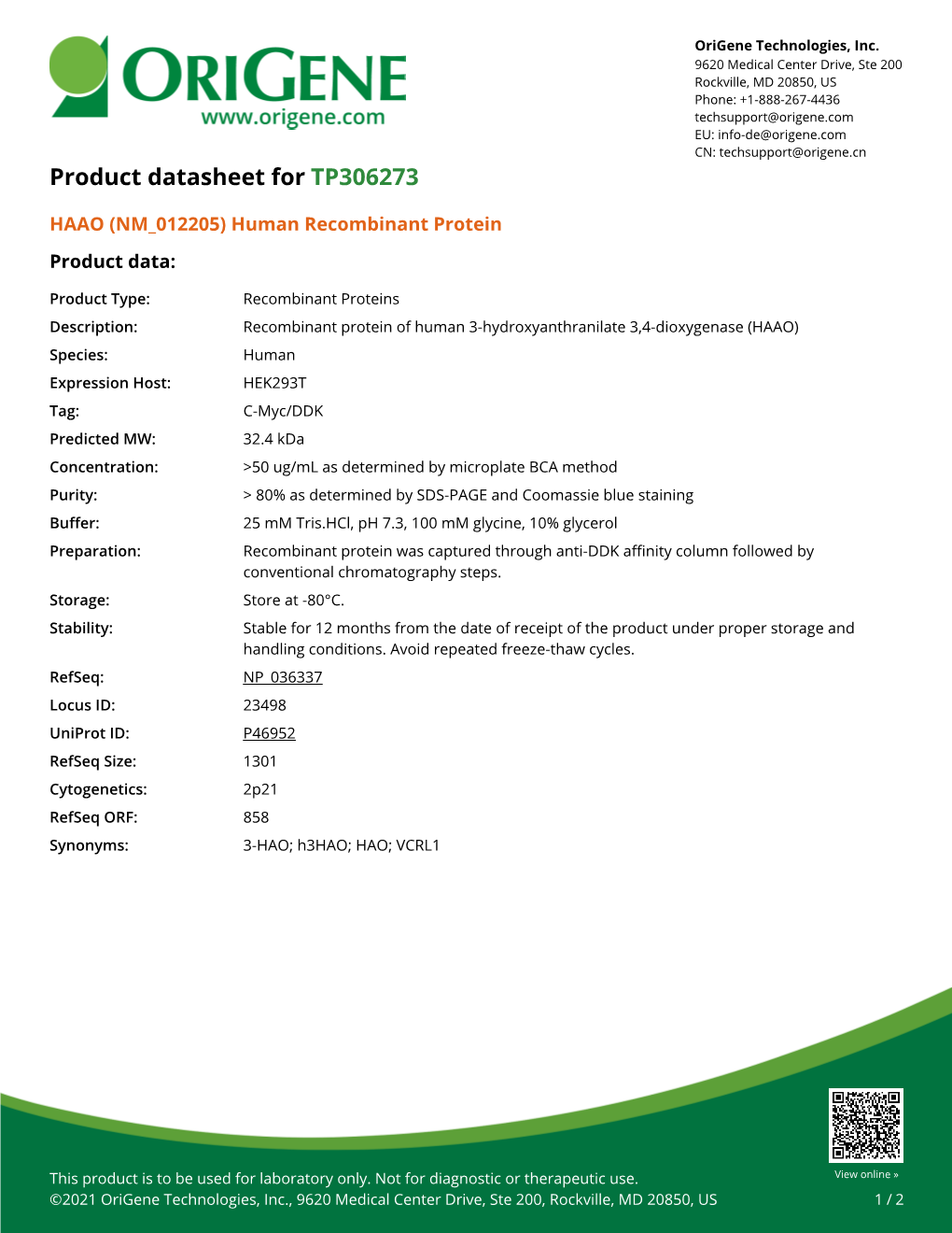 HAAO (NM 012205) Human Recombinant Protein Product Data
