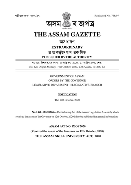 The Assam Skill University Act, 2020 1906 the Assam Gazette, Extraordinary, October 19, 2020
