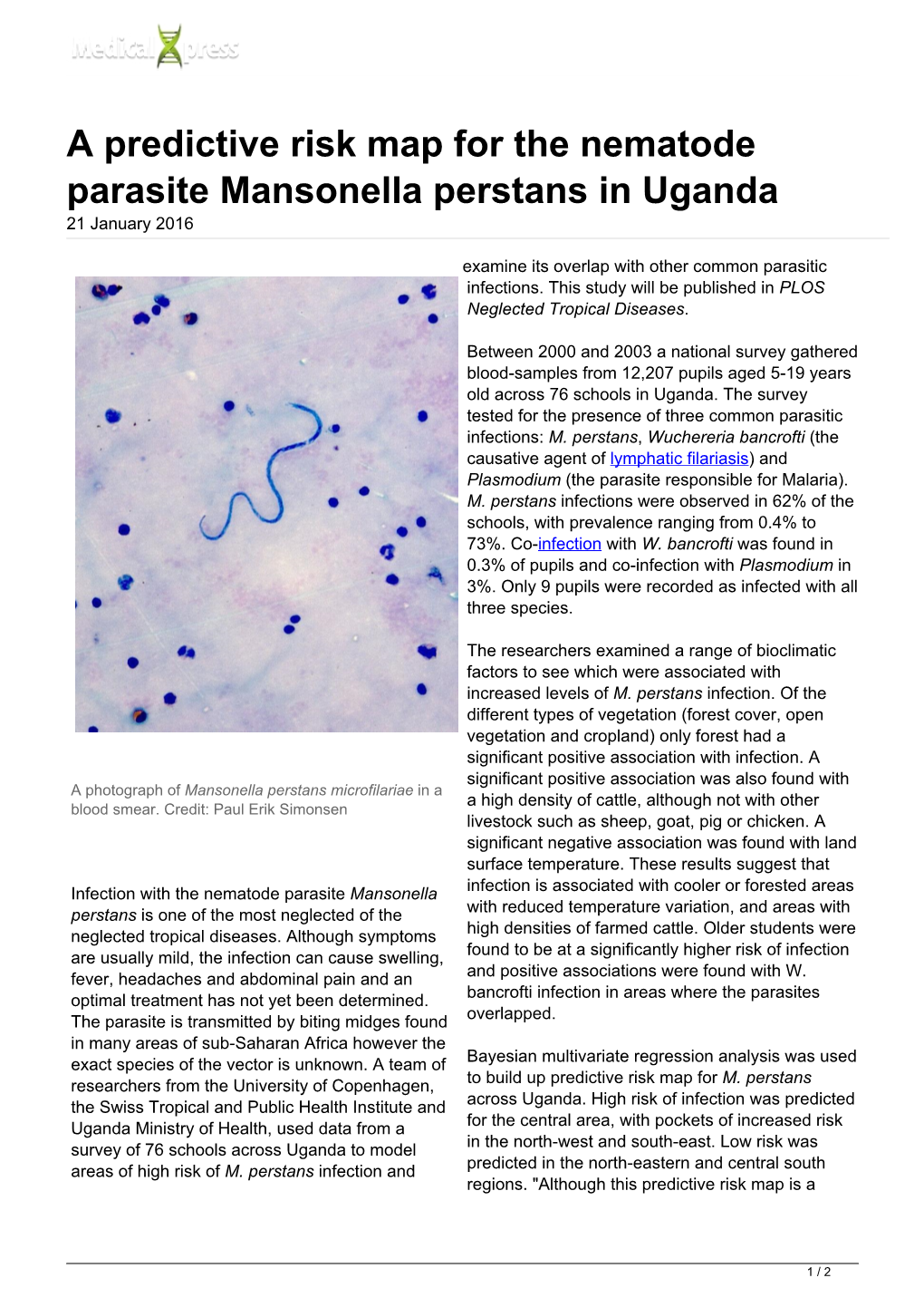 A Predictive Risk Map for the Nematode Parasite Mansonella Perstans in Uganda 21 January 2016