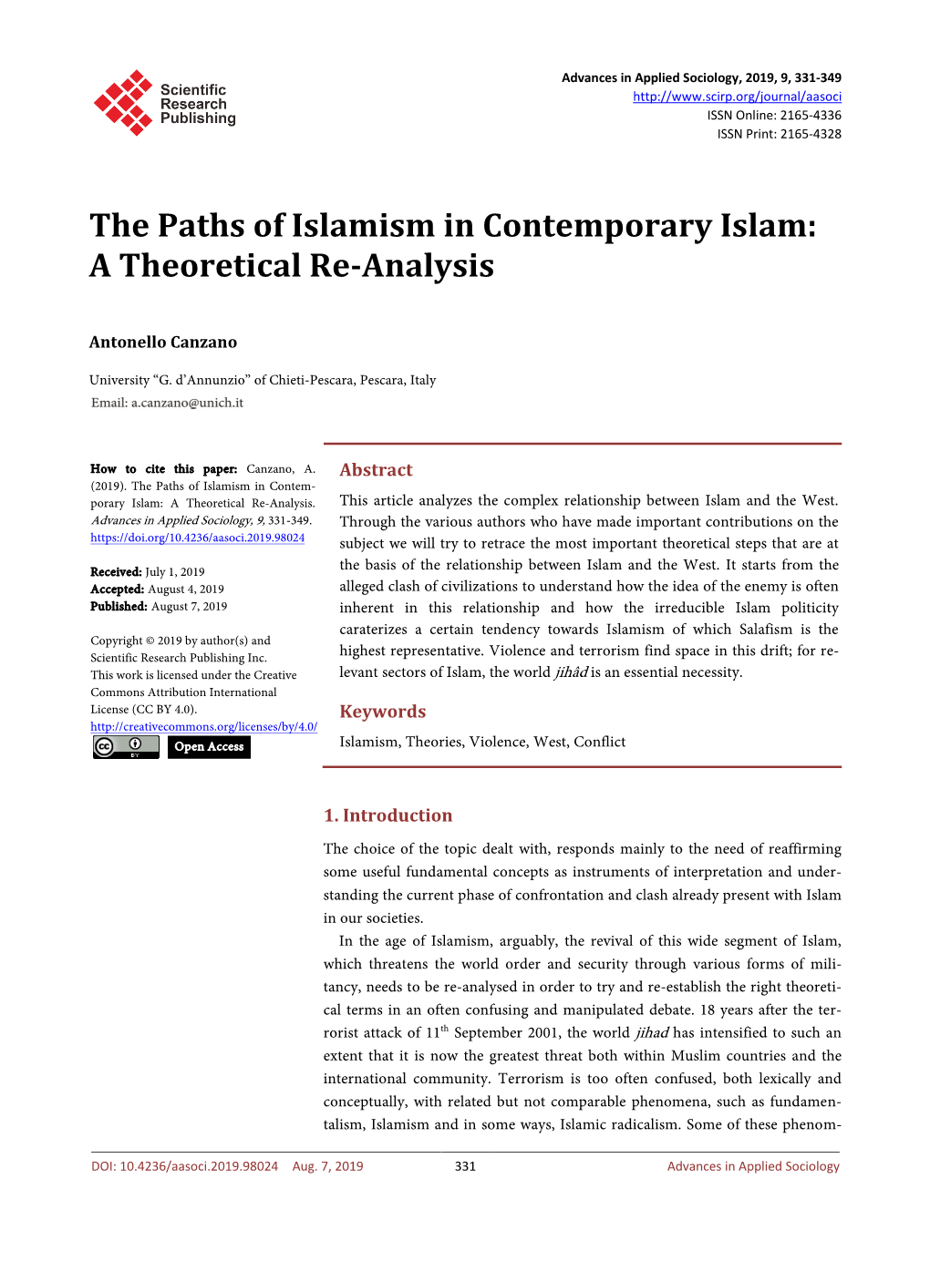 The Paths of Islamism in Contemporary Islam: a Theoretical Re-Analysis