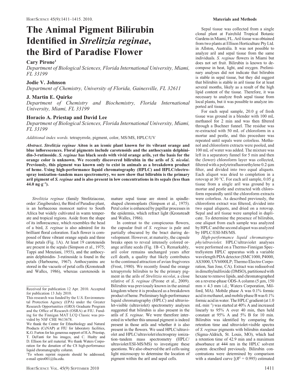 The Animal Pigment Bilirubin Identified in Strelitzia Reginae, The