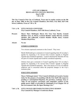 CITY of LUBBOCK REGULAR CITY COUNCIL MEETING June 9, 2005 7:30 A