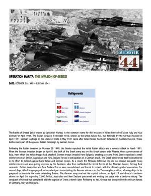 OPERATION MARITA: the INVASION of GREECE Belligerents