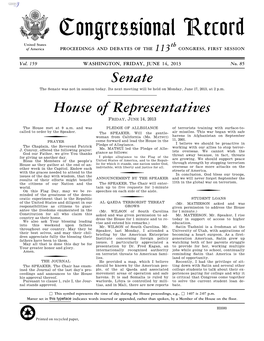 Congressional Record United States Th of America PROCEEDINGS and DEBATES of the 113 CONGRESS, FIRST SESSION