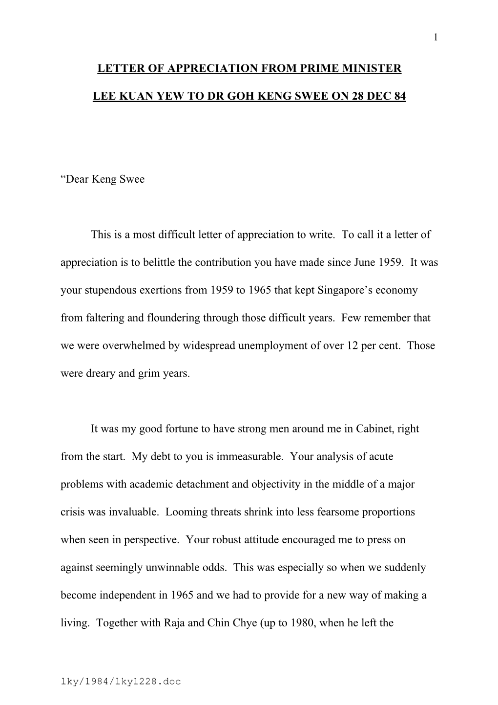 Letter of Appreciation from Prime Minister Lee Kuan Yew to Dr Goh