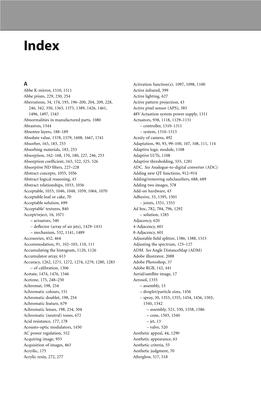 Abbe K-Mirror, 1510, 1511 Abbe Prism, 229, 230, 254 Aberrations, 34