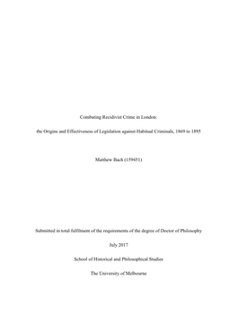 Combating Recidivist Crime in London: the Origins and Effectiveness of Legislation Against Habitual Criminals, 1869 to 1895