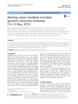 Meeting Report: Genbank Microbial Genomic Taxonomy Workshop (12–13 May, 2015) Scott Federhen1*, Ramon Rossello-Mora2, Hans-Peter Klenk3, Brian J