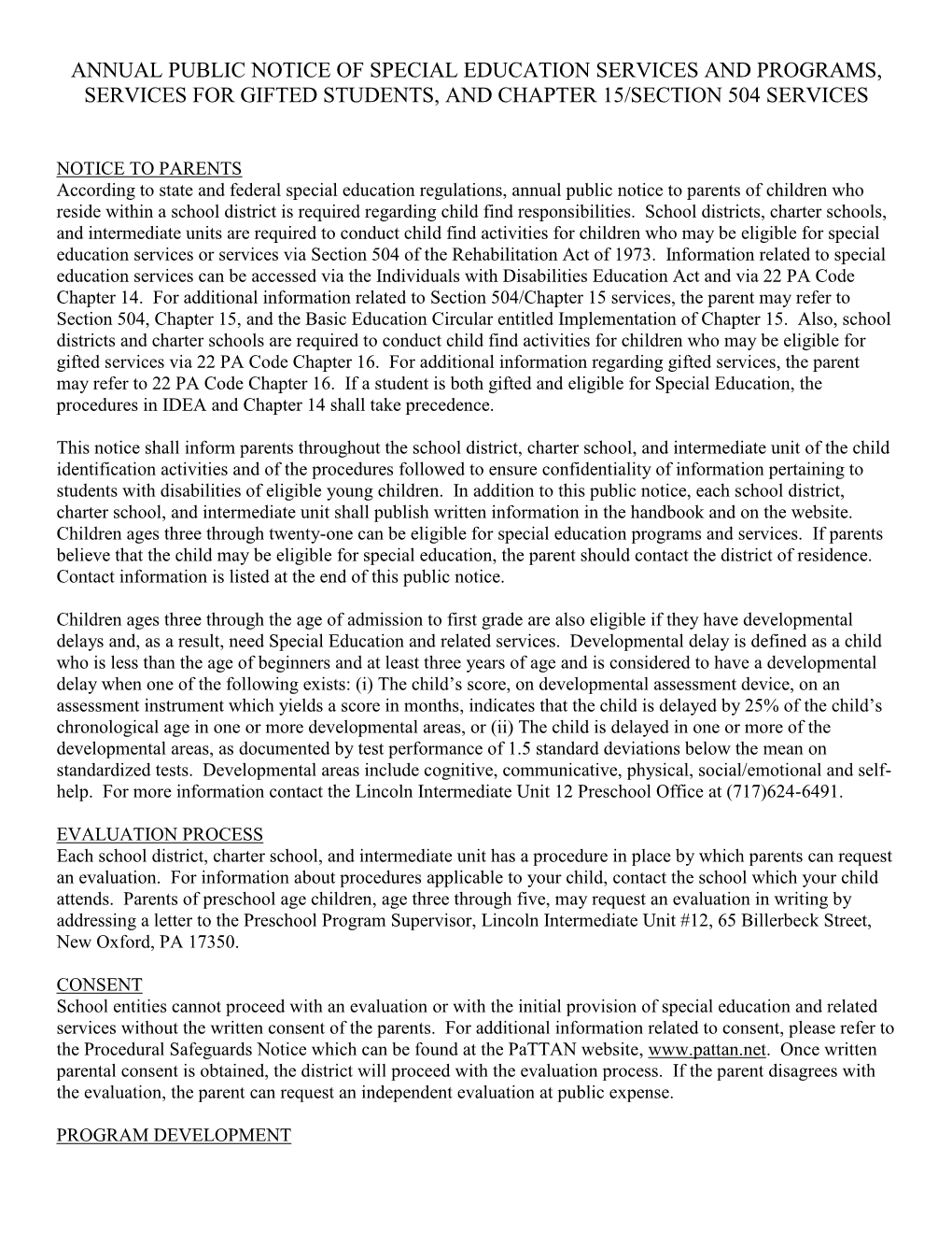 Annual Public Notice of Special Education Services and Programs, Services for Gifted Students, and Chapter 15/Section 504 Services