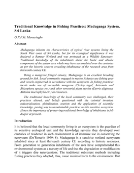 Traditional Knowledge in Fishing Practices: Maduganga System, Sri Lanka G.P.P.G
