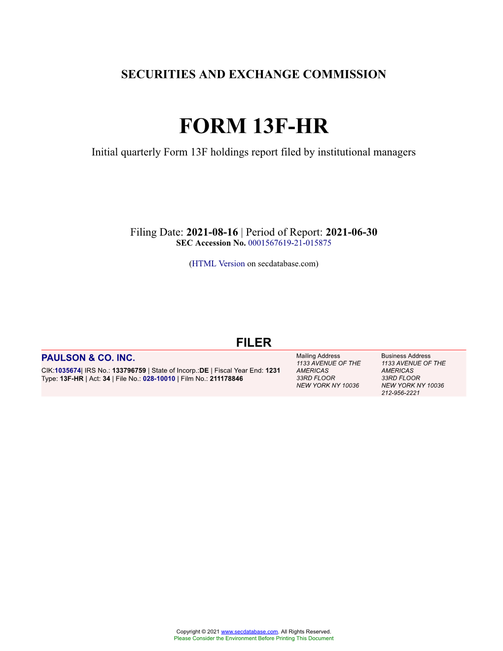 PAULSON & CO. INC. Form 13F-HR Filed 2021-08-16