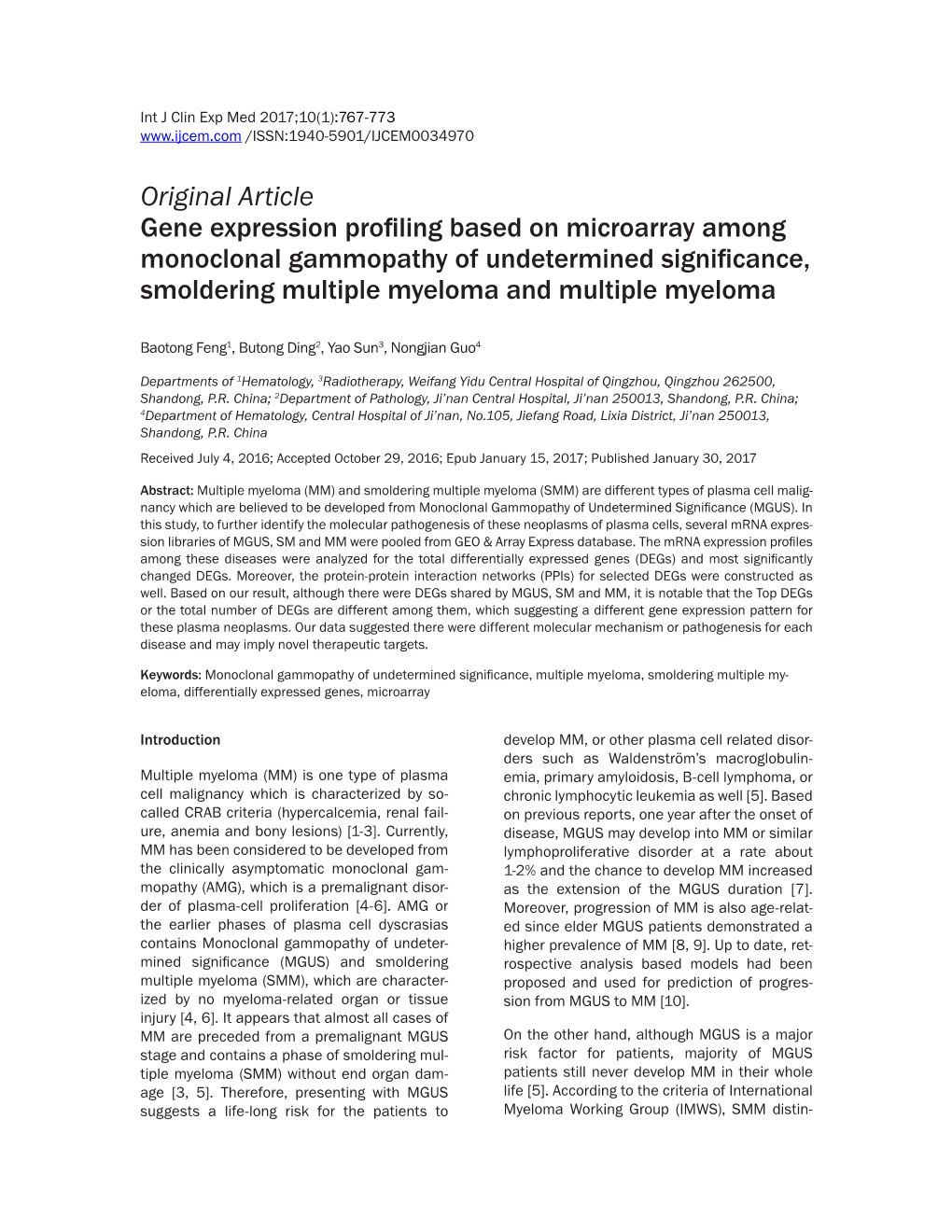 Original Article Gene Expression Profiling Based on Microarray