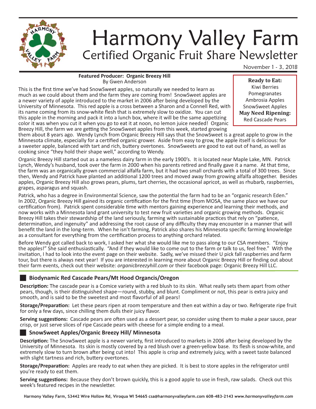 Certified Organic Fruit Share Newsletter