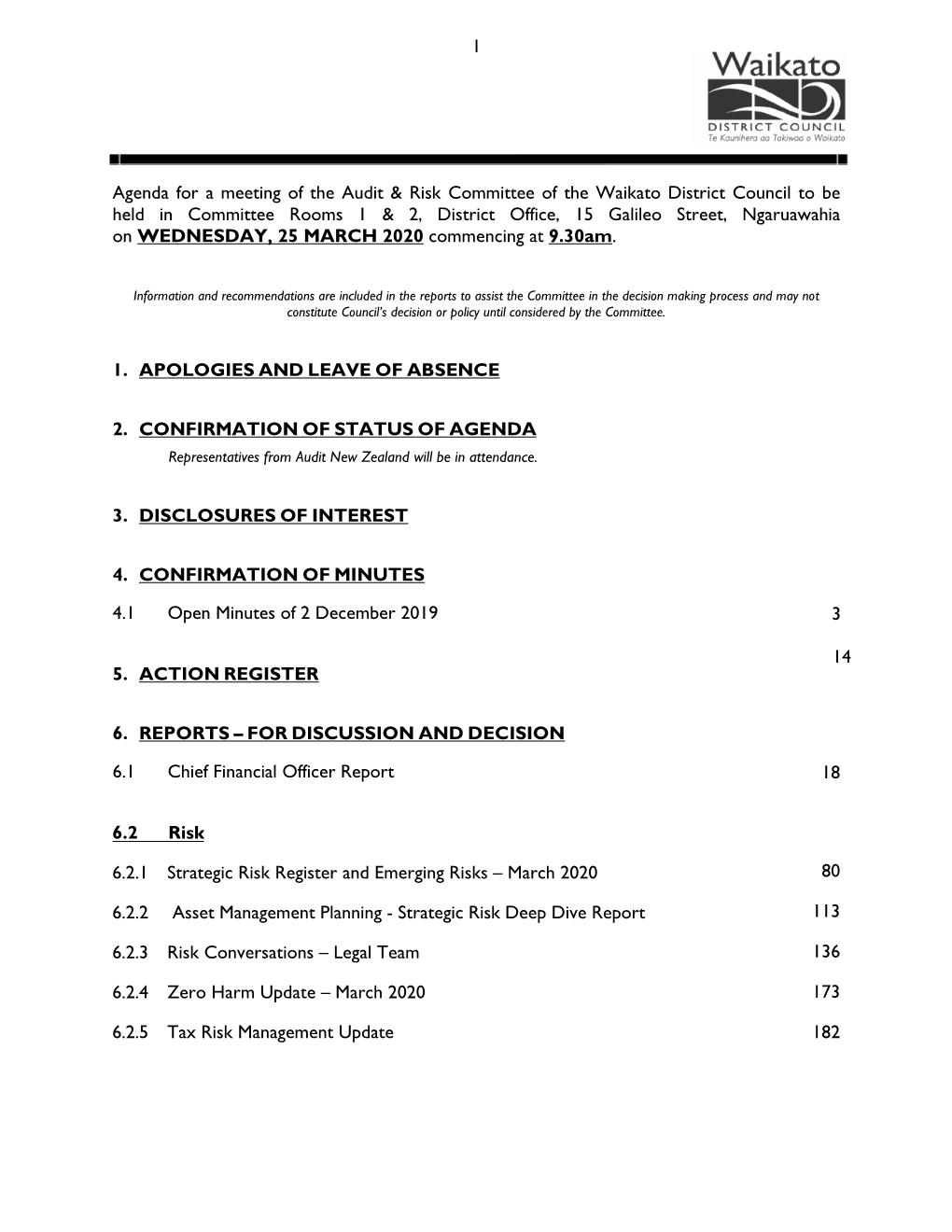 Agenda for a Meeting of the Audit & Risk Committee of the Waikato District Council to Be Held in Committee Rooms 1 & 2