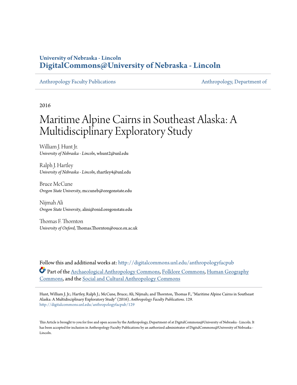 Maritime Alpine Cairns in Southeast Alaska: a Multidisciplinary Exploratory Study William J