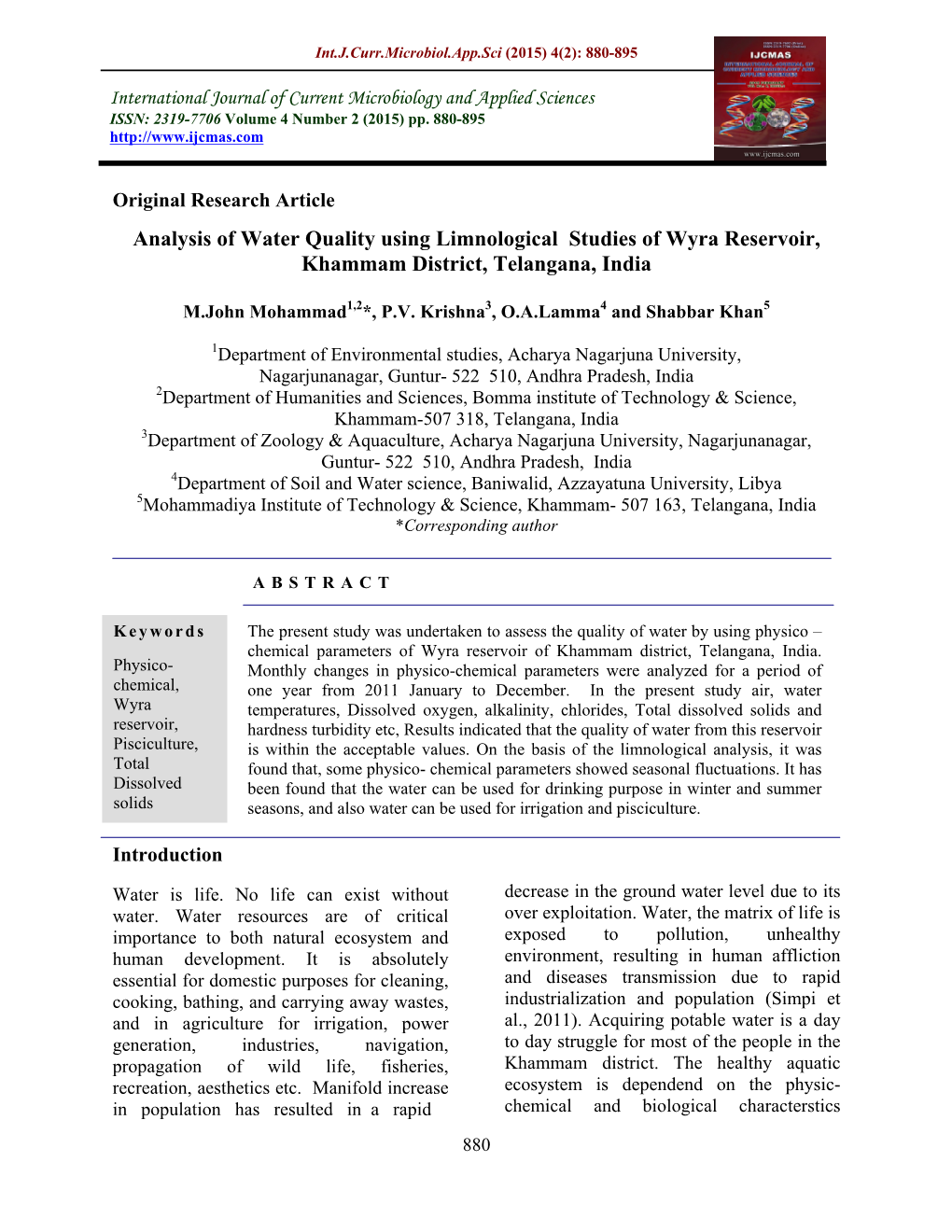 Analysis of Water Quality Using Limnological Studies of Wyra Reservoir, Khammam District, Telangana, India