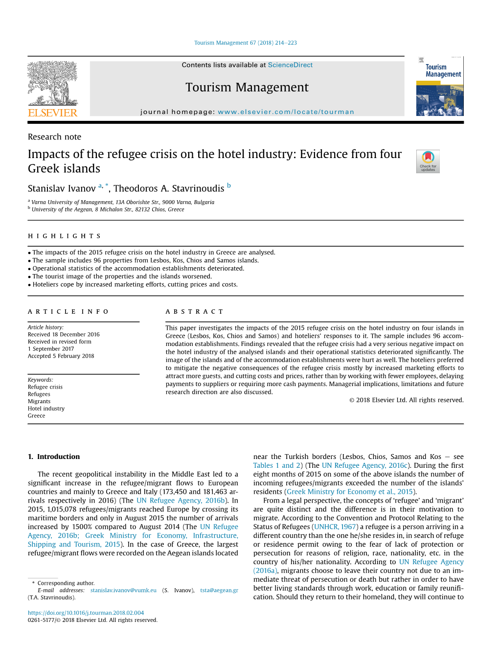 Impacts of the Refugee Crisis on the Hotel Industry: Evidence from Four Greek Islands