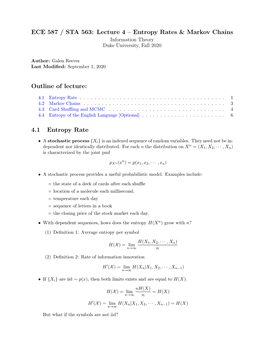 Entropy Rates & Markov Chains Information Theory Duke University, Fall 2020