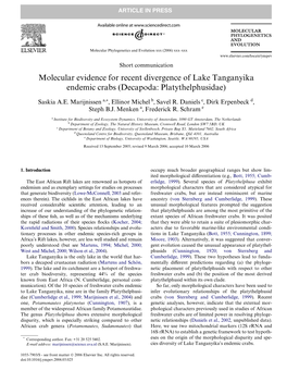 Molecular Evidence for Recent Divergence of Lake Tanganyika Endemic Crabs (Decapoda: Platythelphusidae)