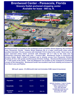 Pensacola, Florida Grocery Outlet Anchored Shopping Center Available for Lease - 900 Sq