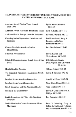 SELECTED ARTICLES of INTEREST in RECENT VOLUMES of the AMERICAN JEWISH YEAR BOOK American Jewish Fiction Turns Inward, Sylvia Ba