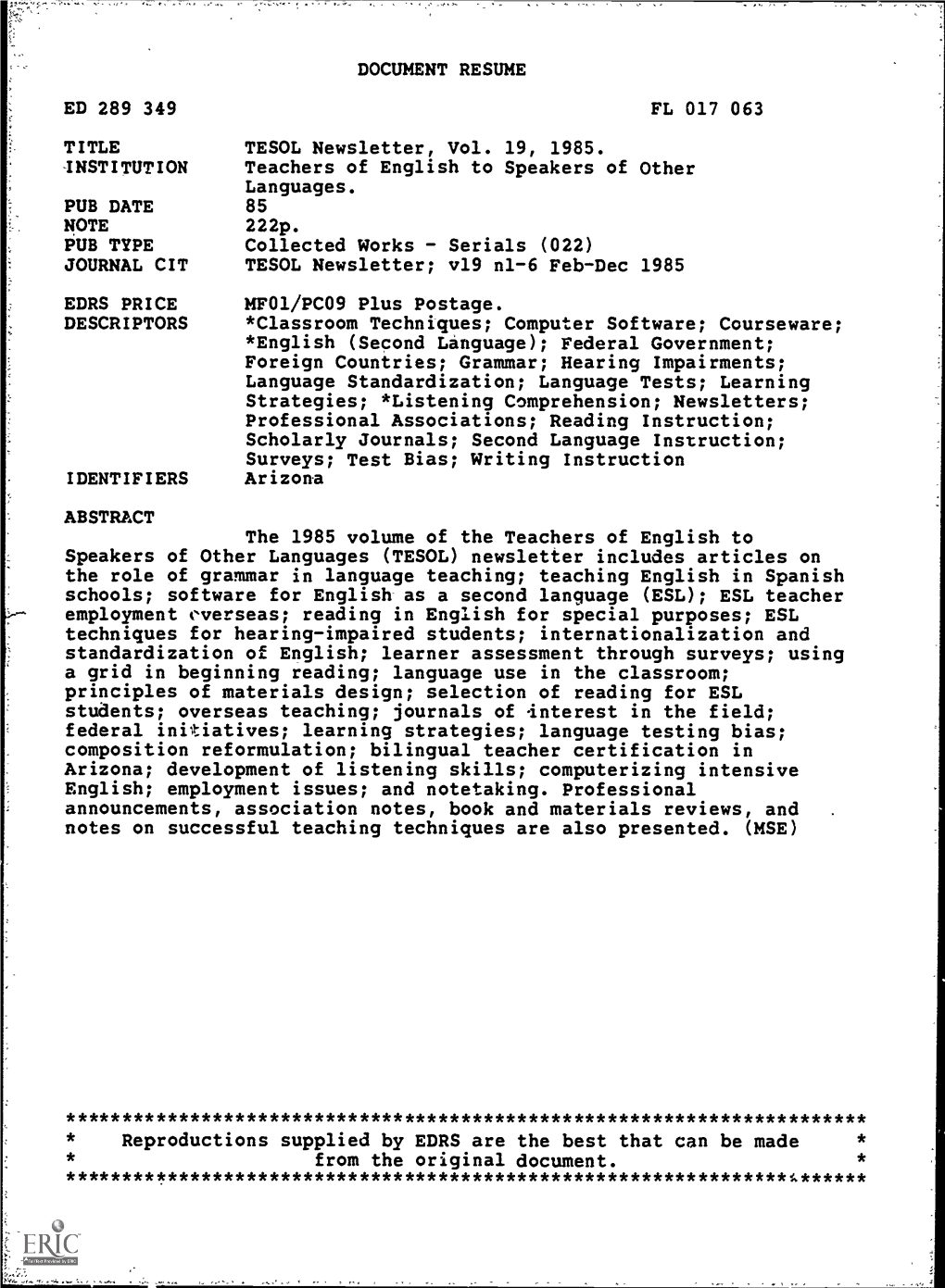 Document Resume Ed 289 349 Fl 017 063 Title Tesol