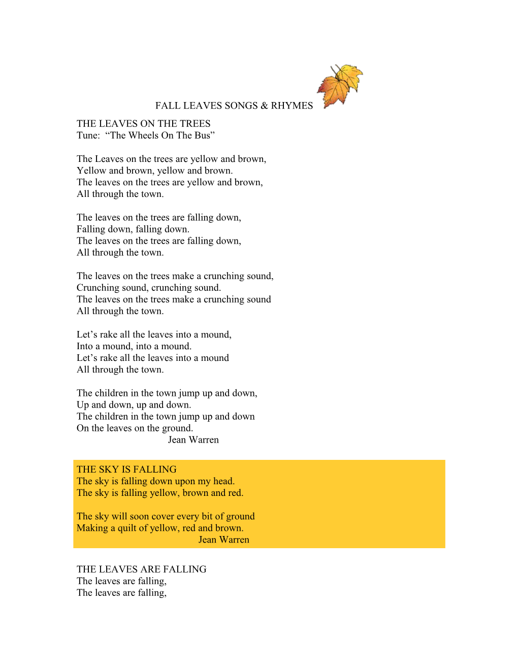 Fall Leaves Songs & Rhymes