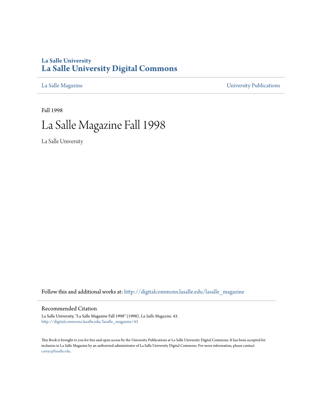 La Salle Magazine Fall 1998 La Salle University
