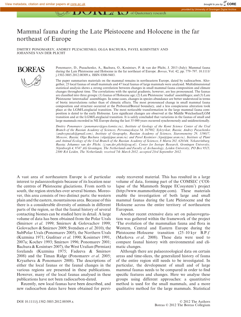 Mammal Fauna During the Late Pleistocene and Holocene in the Far Northeast of Europe