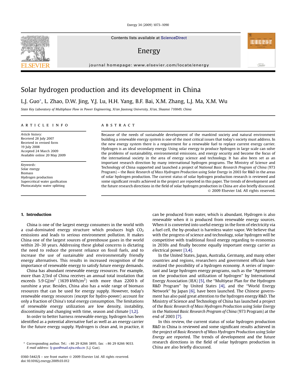 Solar Hydrogen Production and Its Development in China