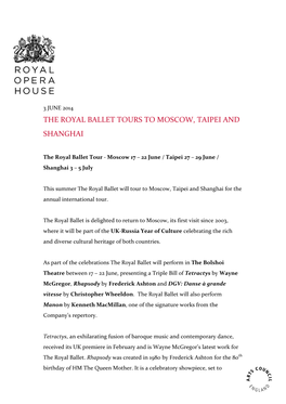 The Royal Ballet Tours to Moscow, Taipei and Shanghai