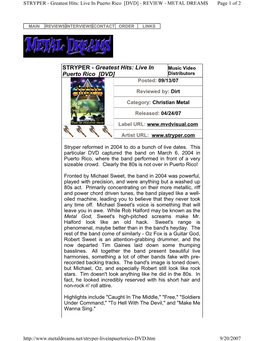 STRYPER - Greatest Hits: Live in Puerto Rico [DVD] - REVIEW - METAL DREAMS Page 1 of 2