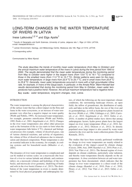 LONG-TERM CHANGES in the WATER TEMPERATURE of RIVERS in LATVIA Inese Latkovska1,2 # and Elga Apsîte1