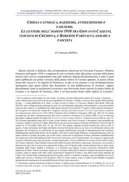 Chiesa Cattolica, Razzismo, Antisemitismo E Fascismo. Le Lettere Dell'agosto 1938 Tra Giovanni Cazzani, Vescovo Di Cremona, E Roberto Farinacci, Gerarca Fascista