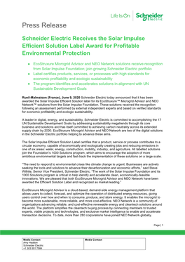 Schneider Electric Receives the Solar Impulse Efficient Solution Label Award for Profitable Environmental Protection