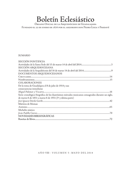 Boletín Eclesiástico Órgano Oficial De La Arquidiócesis De Guadalajara Fundado El 22 De Enero De 1876 Por El Arzobispo Don Pedro Loza Y Pardavé