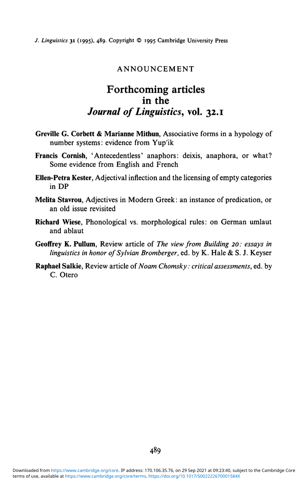 Forthcoming Articles in the Journal of Linguistics, Vol. 32.1