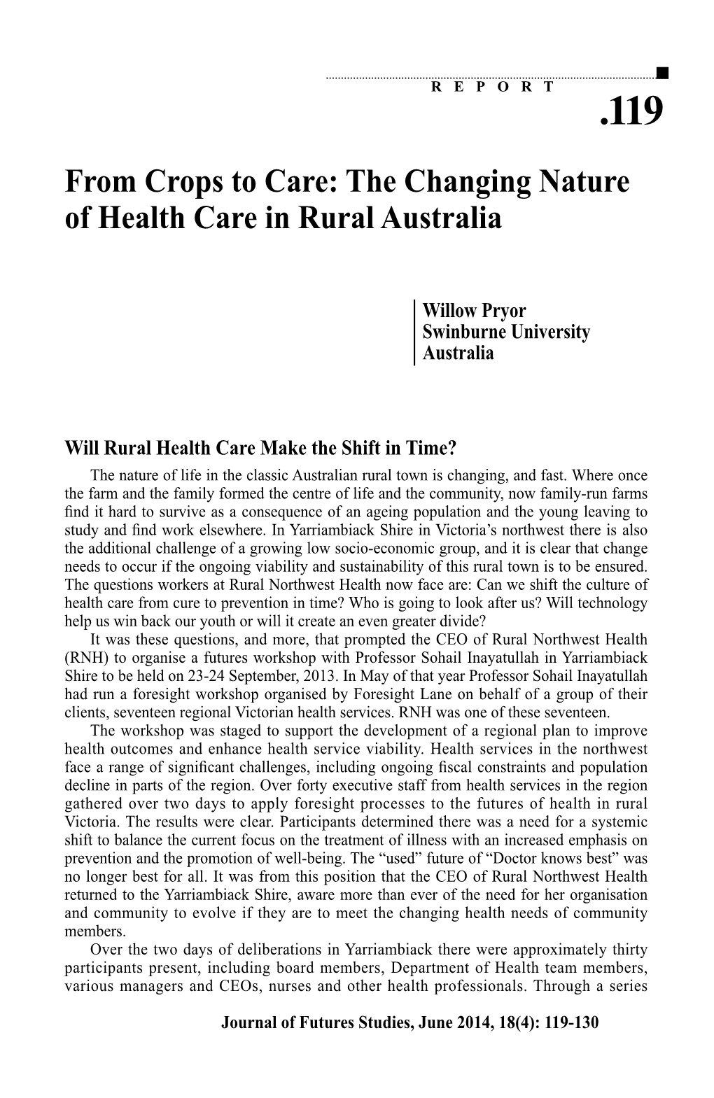 From Crops to Care: the Changing Nature of Health Care in Rural Australia