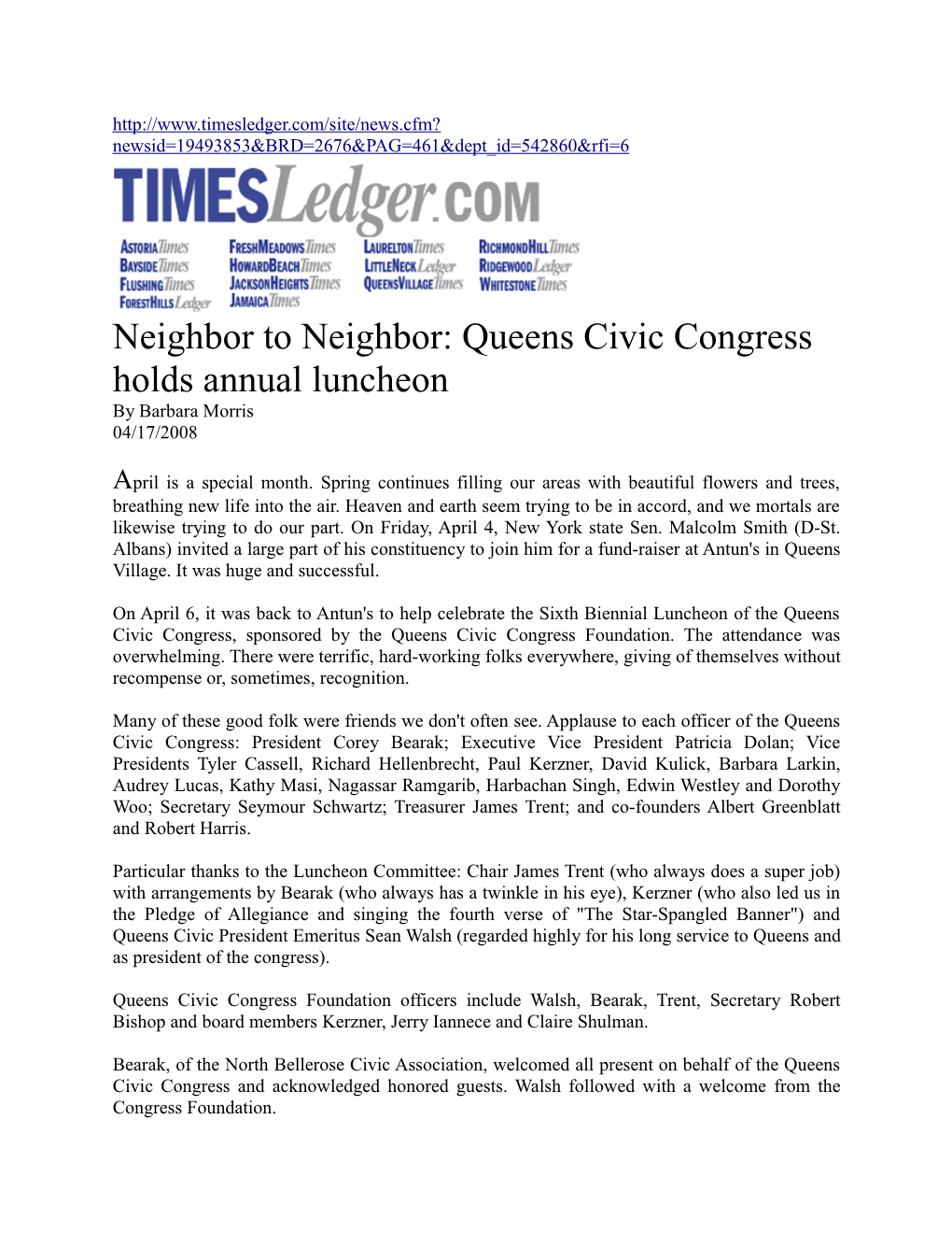 Neighbor to Neighbor: Queens Civic Congress Holds Annual Luncheon by Barbara Morris 04/17/2008