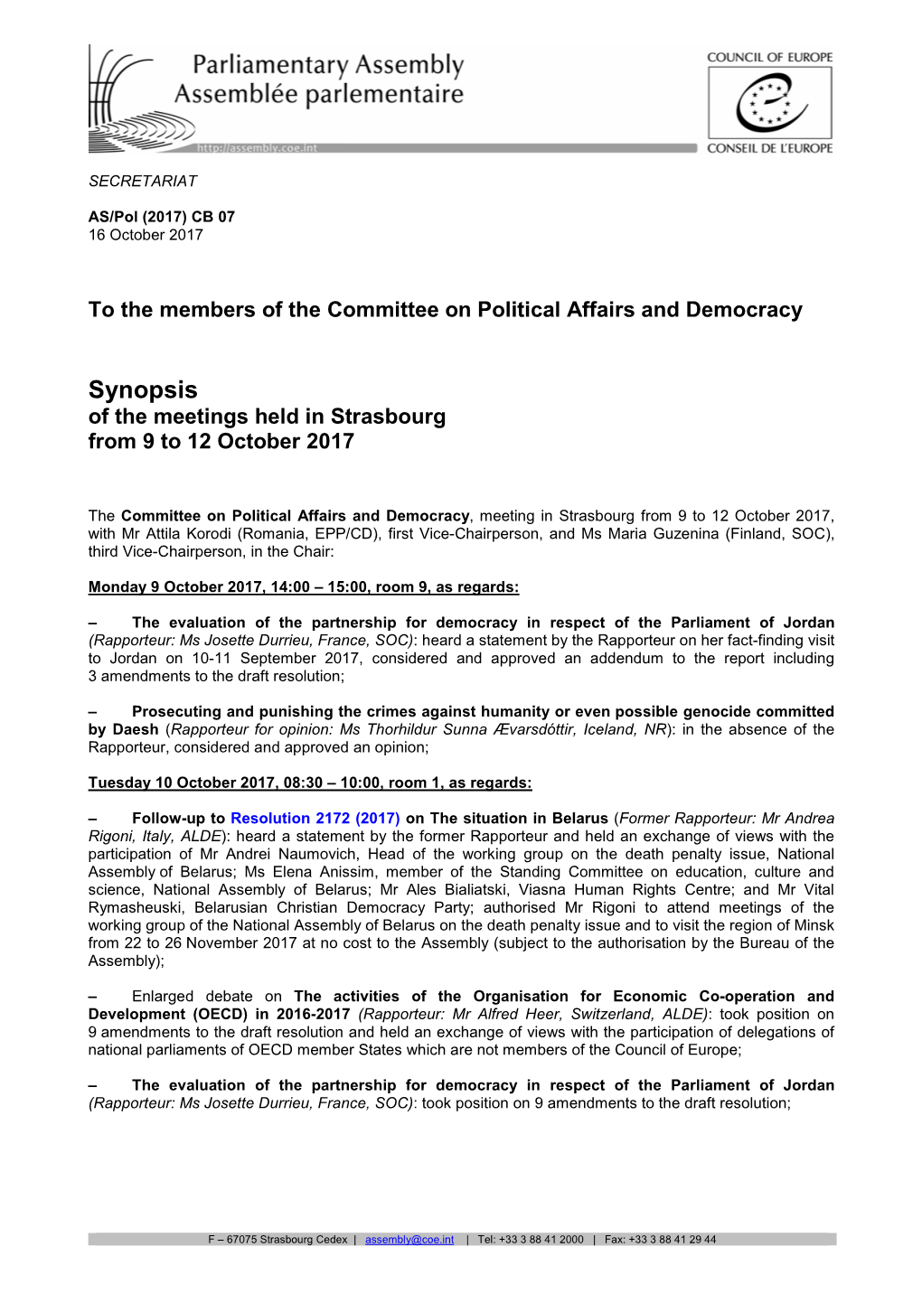 Synopsis of the Meetings Held in Strasbourg from 9 to 12 October 2017