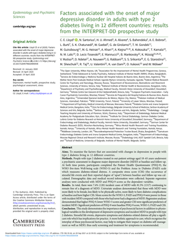 Factors Associated with the Onset of Major Depressive Disorder in Adults with Type 2 Diabetes Living in 12 Different Countries