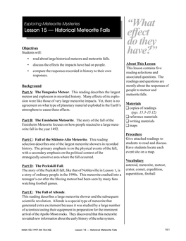 Historical Meteorite Falls Effect Do They Objectives Students Will: Have?” • Read About Large Historical Meteors and Meteorite Falls