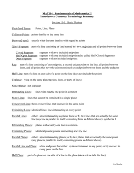 Summary of Introductory Geometry Terminology