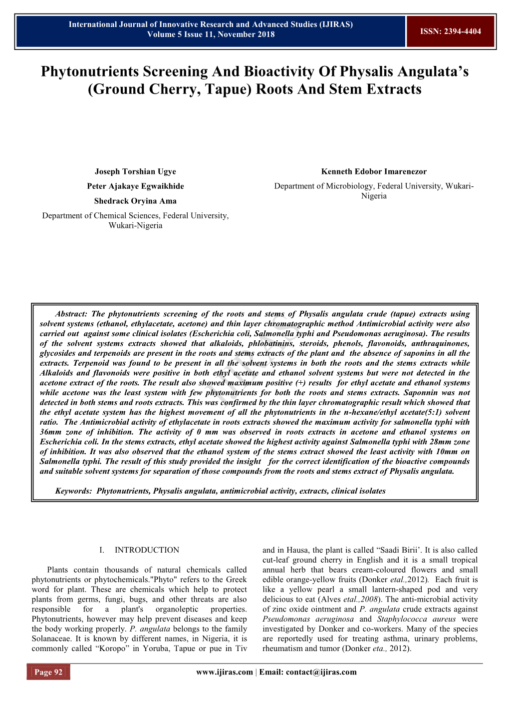 Phytonutrients Screening and Bioactivity of Physalis Angulata's